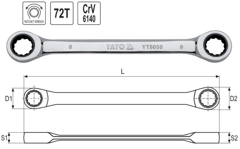Cờ lê bóng gương 2 đầu vòng 8x19mm tự động đảo chiều Yato YT-5030 - Ba Lan