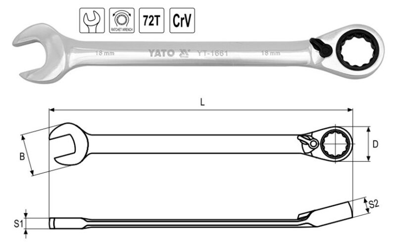 Cờ lê vòng miệng tự động gạt đảo chiều từ 8mm đến 32mm Yato - Ba Lan
