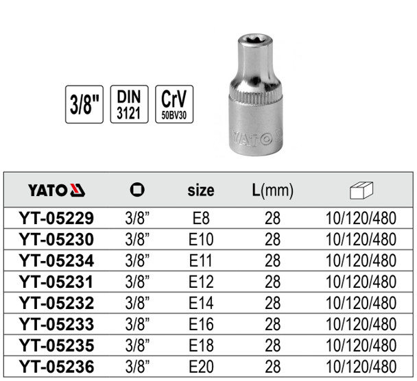 Tuýp sao 3/8" từ E8x28mm đến E20x28mm chuẩn DIN 3121 Yato - Ba Lan