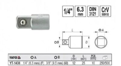 Đầu chuyển 1/4" sang 3/8" dài 25mm Yato YT-1438 - Ba Lan