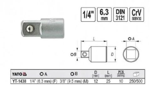 Đầu chuyển 1/4" sang 3/8" dài 25mm Yato YT-1438 - Ba Lan