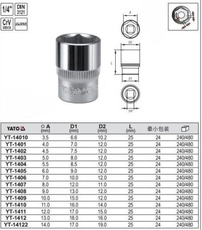 Đầu tuýp Lục giác loại ngắn 6 cạnh 3.5mm đến 14mm Yato - Ba Lan