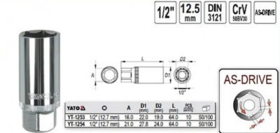 Đầu tuýp tháo Bugi 1/2" 16mm và 21mm bóng Yato - Ba Lan