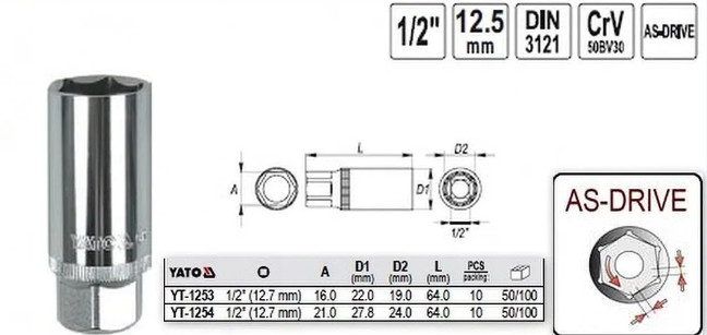 Đầu tuýp tháo Bugi 1/2" 16mm và 21mm bóng Yato - Ba Lan