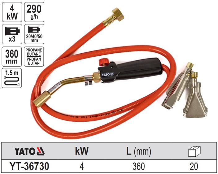 Dây khò 360mm kèm đầu khò và 3 béc Yato YT-36730 - Ba Lan