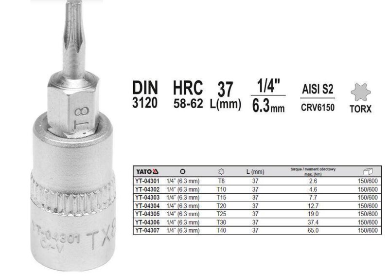 Mũi vít hoa thị 1/4" T8,T10,T15.T20,T25,T30,T40 -Yato