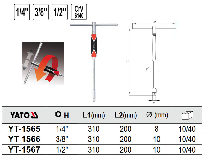 Tay vặn chữ T linh hoạt đầu 1/4"-3/8"-1/2" Yato - Ba Lan