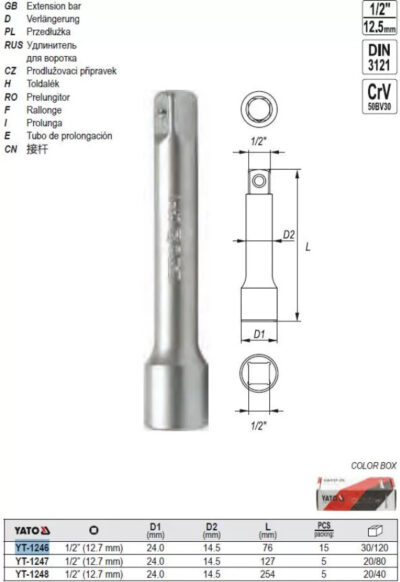 Thanh nối dài 1/2" 76mm - 254mm Yato - Ba Lan