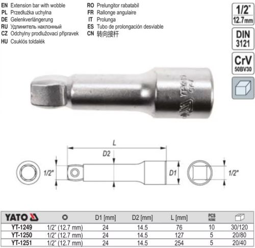 Thanh nối dài 1/2" 76mm - 254mm linh hoạt nghiêng góc 8° Yato - Ba Lan
