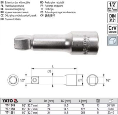Thanh nối dài 1/2" 76mm - 254mm linh hoạt nghiêng góc 8° Yato - Ba Lan