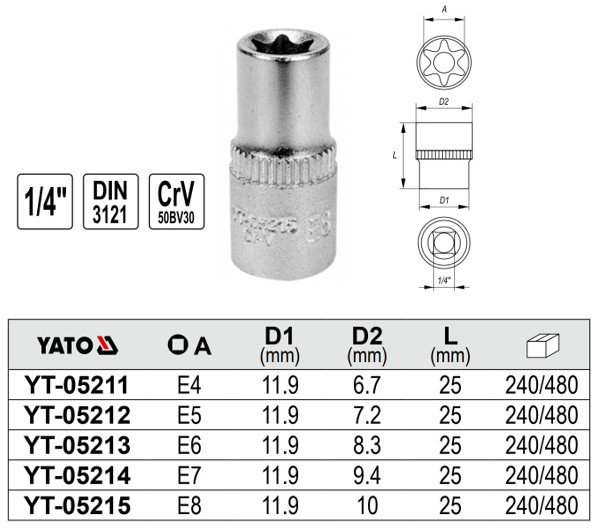 Tuýp sao 1/4" từ E4x25mm đến E8x25mm chuẩn DIN 3121 Yato - Ba Lan