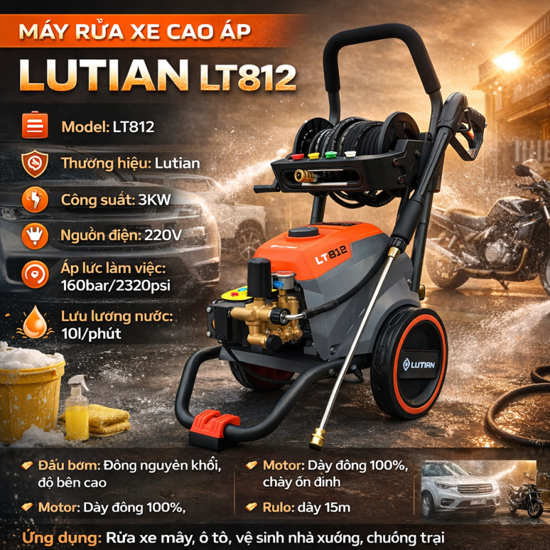 Máy Rửa Xe Cao Áp Lutian LT812 - 3KW, 160Bar, Rulo Dây 15m