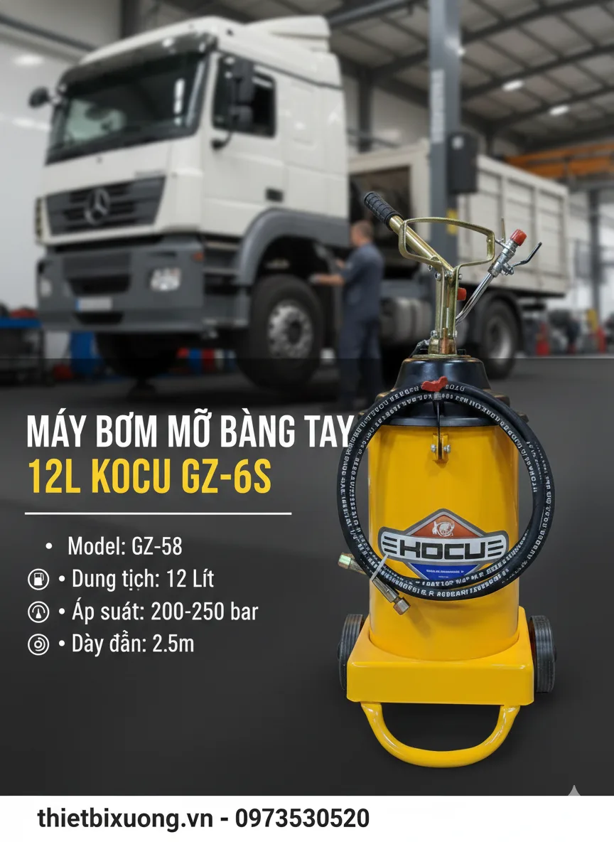 Bơm Mỡ Cầm Tay 12 Lít GZ-6S – Có Bánh Xe, Di Chuyển Cực Nhẹ Nhàng