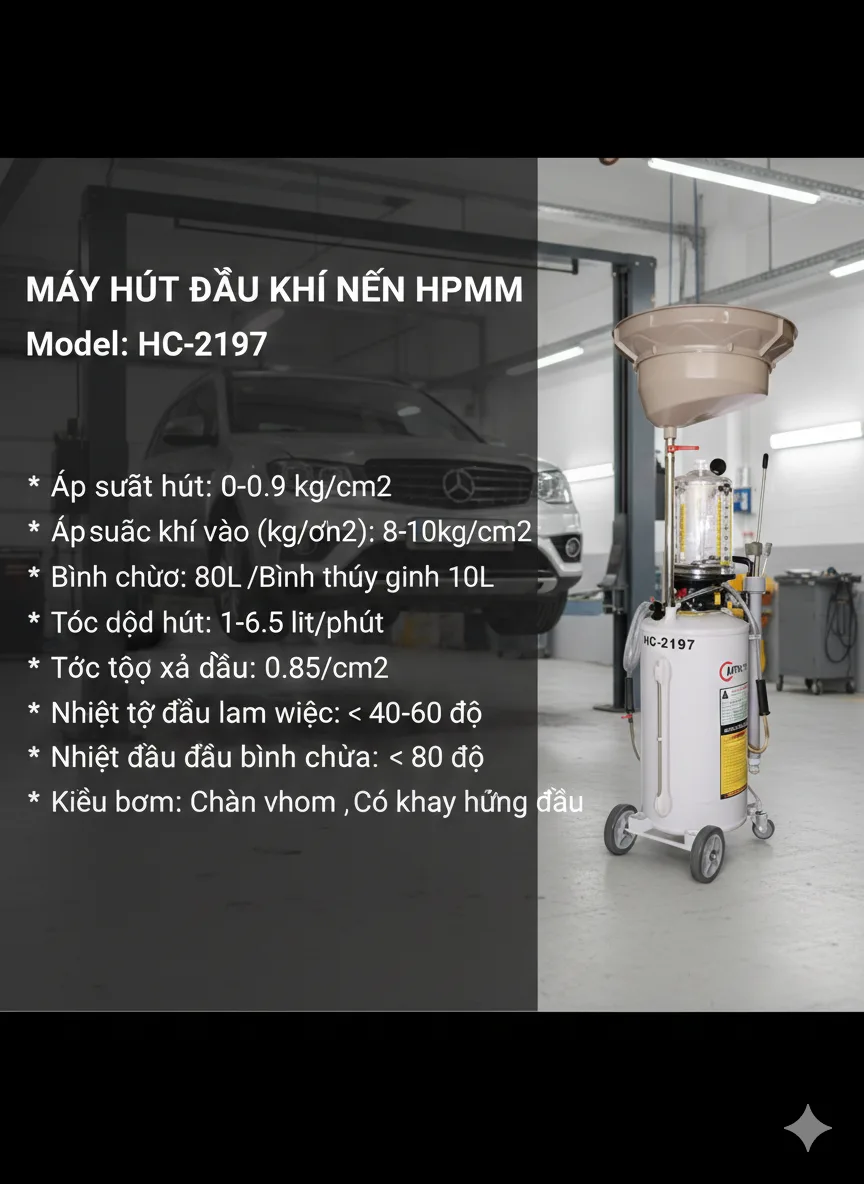 HPMM HC-2197 – Máy Hút Dầu Khí Nén 80L, Hút Sạch Dầu Thải, Vận Hành Ổn Định