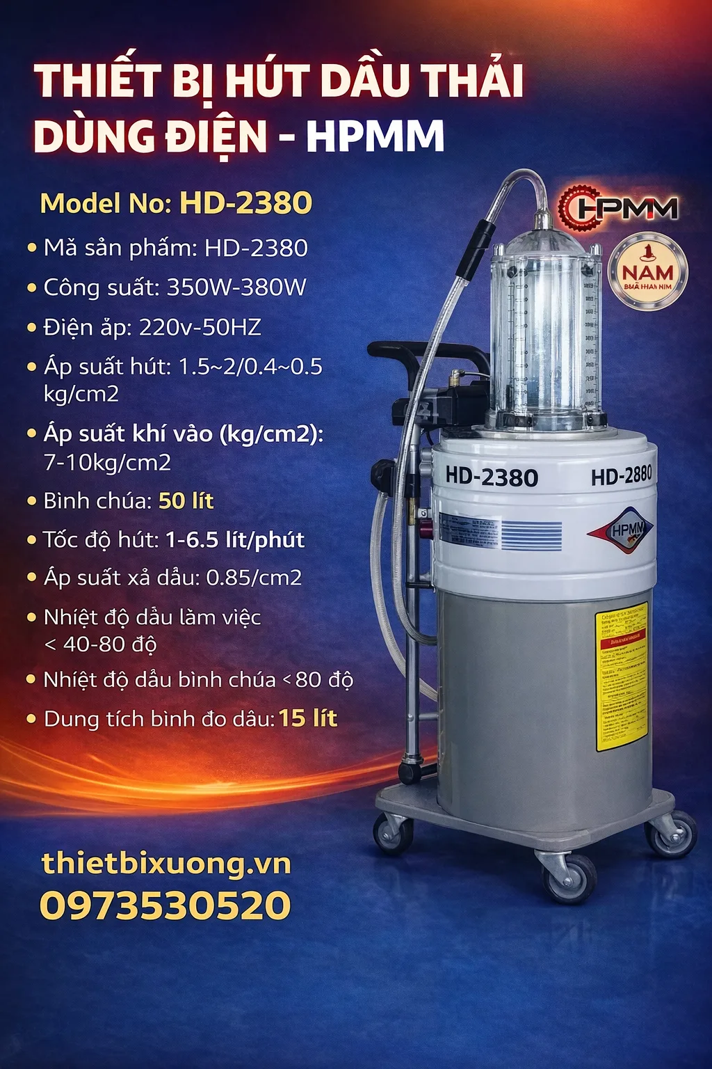 Thiết Bị Hút Dầu Thải Dùng Điện HPMM HD-2380 – Công Suất 380W, Bình 50L