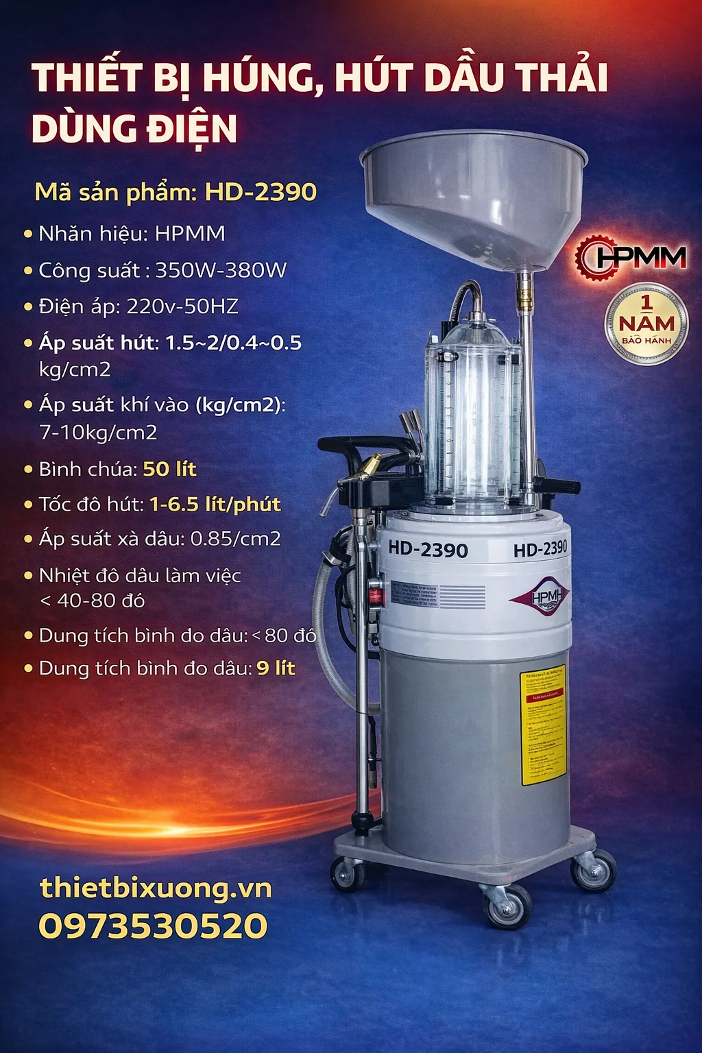 Máy Hứng, Hút Dầu Thải Dùng Điện HD-2390 – Bình Đo 9L, Phù Hợp Gara Ô Tô