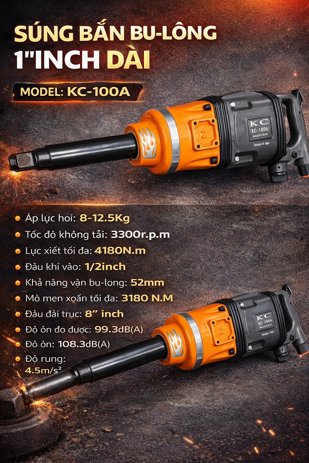 KC-100A – Súng bắn bu lông 1 inch trục dài, chuyên xe tải nặng