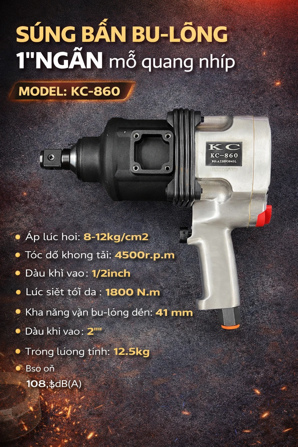 KC-860 1 inch ngắn – Súng bắn bu lông chuyên gầm xe tải