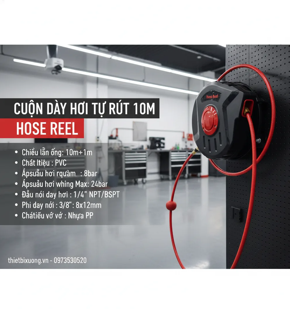 Dây Hơi Tự Rút 10 Mét Gọn Gàng An Toàn Khi Làm Việc