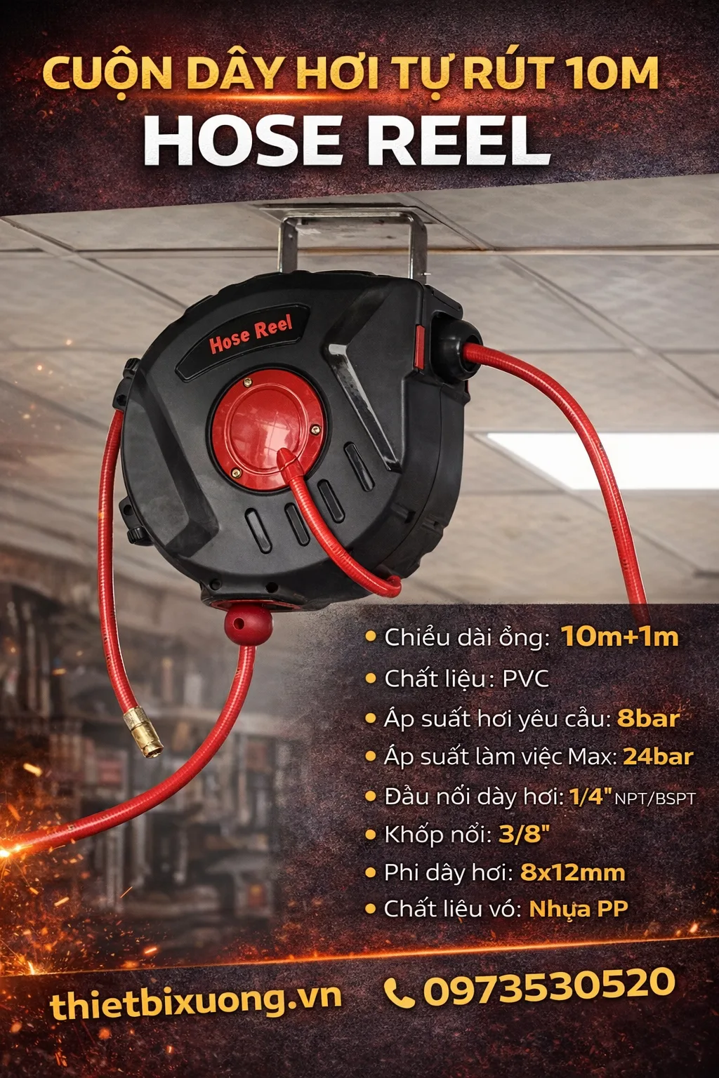 Cuộn Dây Hơi Tự Rút 10m Hose Reel Cho Xưởng Sửa Chữa