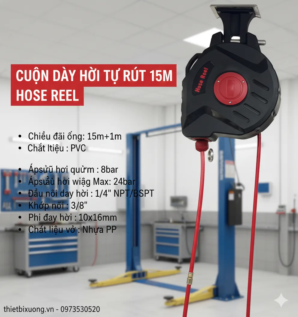 Dây hơi tự rút 15 mét hose reel treo tường chuyên nghiệp