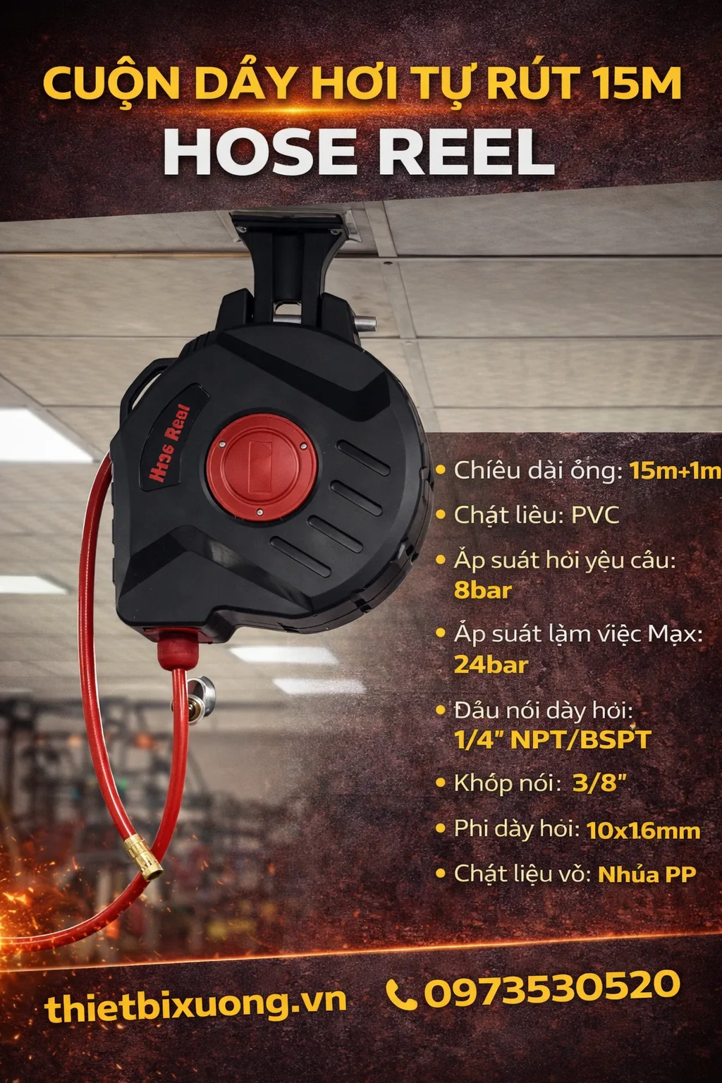 Dây hơi tự rút 15 mét áp suất cao 24 bar, dùng khí nén