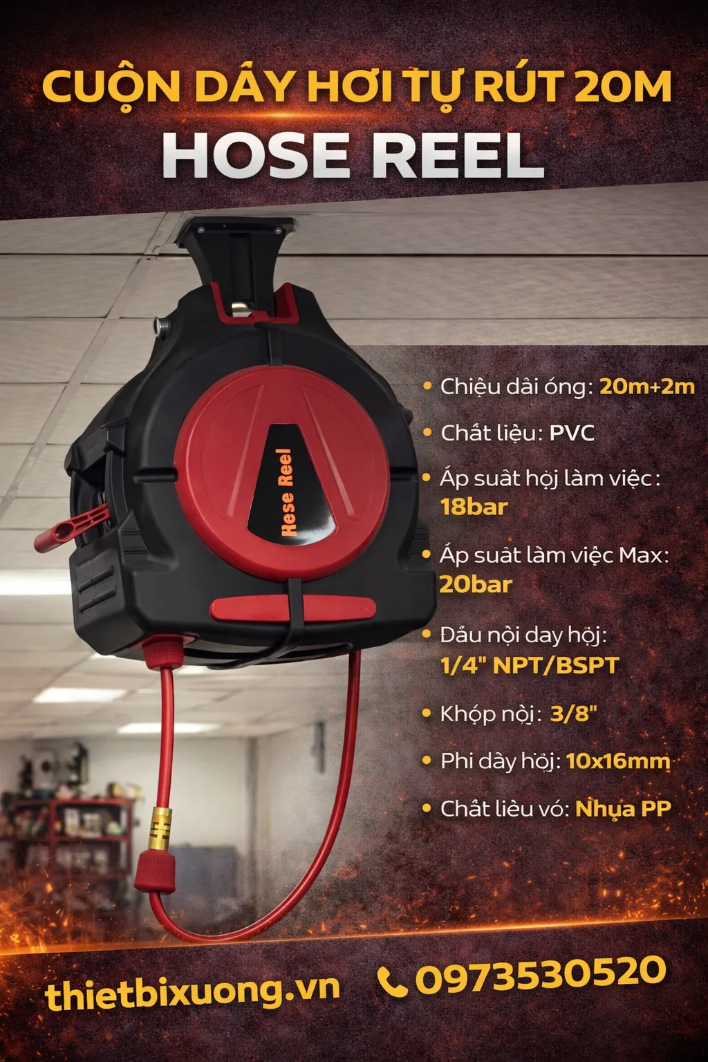 Dây hơi tự rút 20 mét cho gara ô tô, xưởng sửa chữa chuyên nghiệp