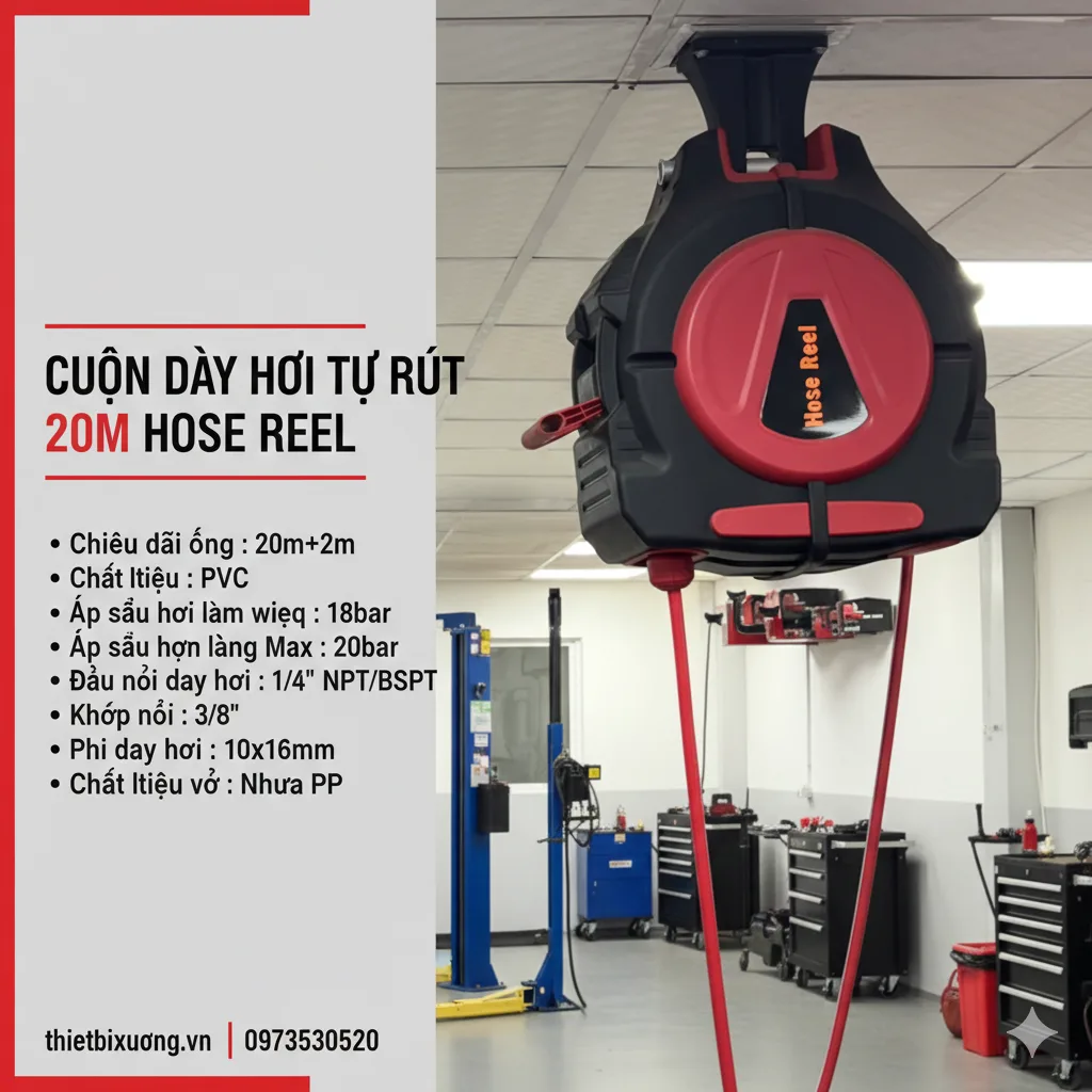 Dây hơi tự rút 20 mét hose reel treo tường tiện lợi, bền bỉ