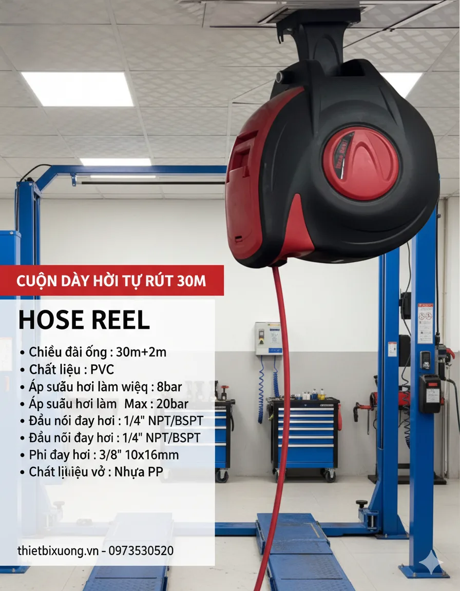 Cuộn Dây Hơi Tự Rút 30 Mét – Vỏ Nhựa PP Bền, Ống PVC Chất Lượng