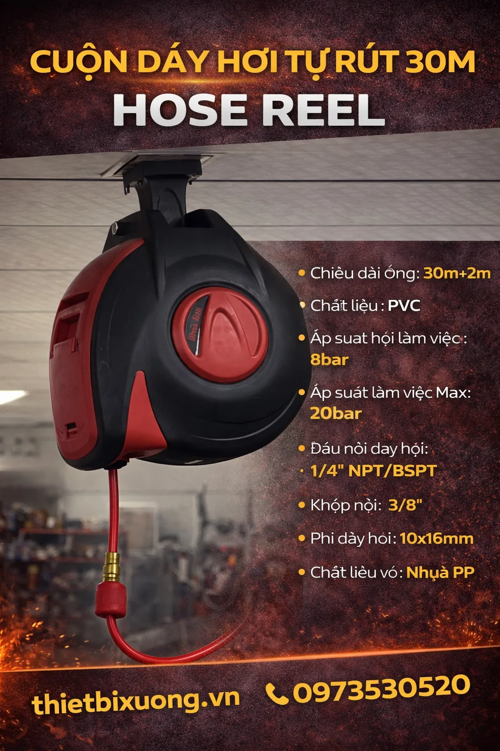 Dây Hơi Tự Rút 30m Áp Suất Cao – Dùng Cho Súng Hơi, Máy Nén Khí